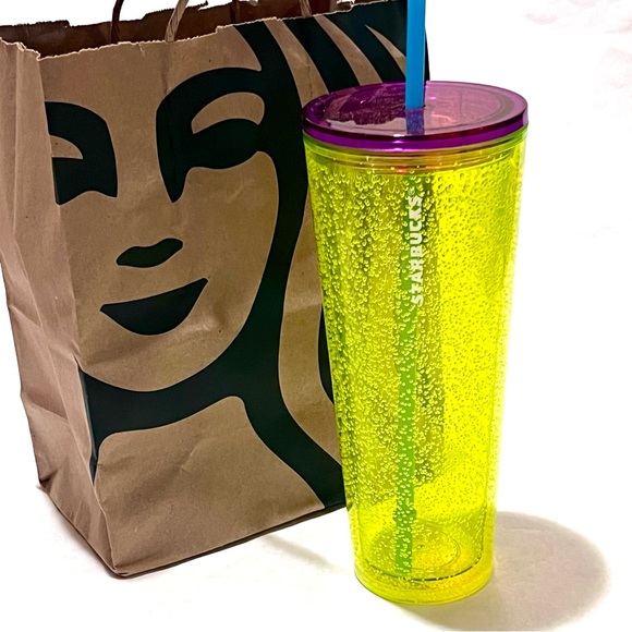 Starbucks Neon Yellow Bubble Cold Cup Tumbler with Straw 24oz Yellow/Purple/Blue - Picture 4 of 10